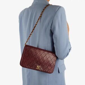 Authentic CHANEL burgundy quilted lambskin 24k gold single flap classic bag